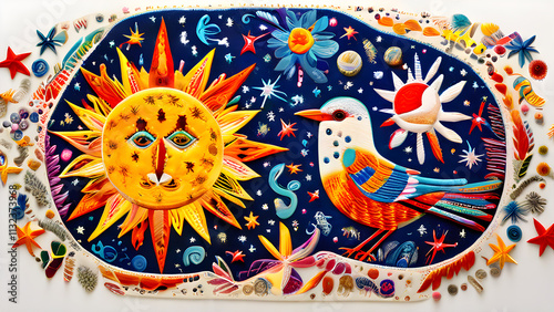 A cosmic scene where the sun and moon are filled with Otomi embroidery patterns, surrounded by constellations, birds, and stars