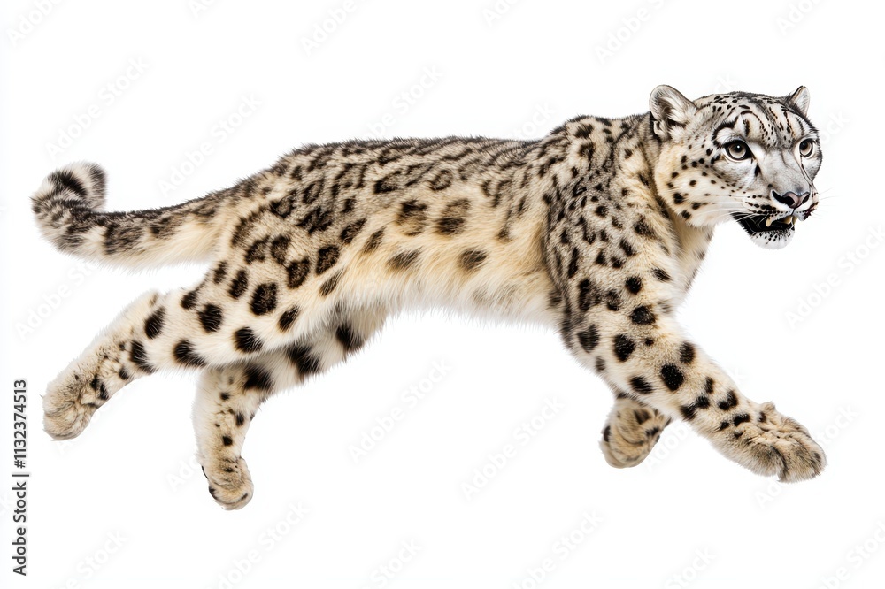 Obraz premium Snow leopard in motion, white isolate background