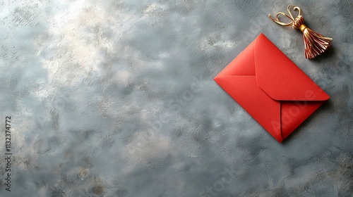 Elegant and Minimalist Photograph of a Single Red Ang Pao Envelope Lying Flat on a Gray Toned Background Accented by a Small Golden Tassel in One Corner with Generous Copy Space and No Text Numbers photo