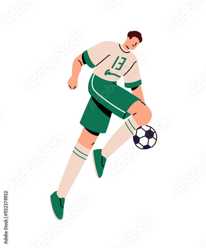 Professional soccer player kicks, hits ball with knee. Sportsman in uniform rushing to goal, wins in sport game. Athlete plays football match. Flat isolated vector illustration on white background