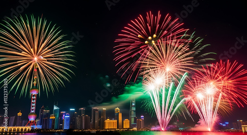 Chinese New Year: Fireworks exploding in the night sky, sparklers and light plumes, festive atmosphere