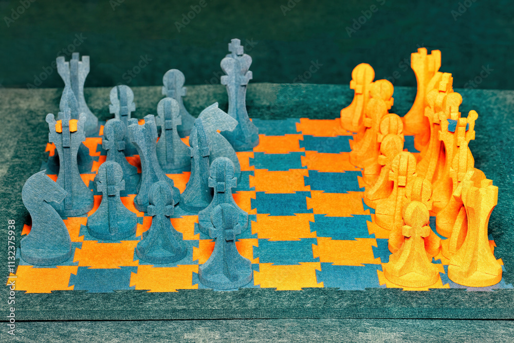 Unique chess set with blue and orange pieces on a textured green board creates vibrant contrast