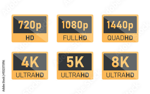 display resolution icons, 4K UHD, 8K, Quad HD, Full HD and HD screen resolution