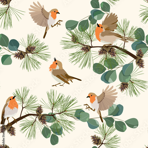 Seamless pattern with pine cones, spruce and birds on a light background. Vintage background for fabric, scrapbook, poster, greeting cards. Vector illustration.