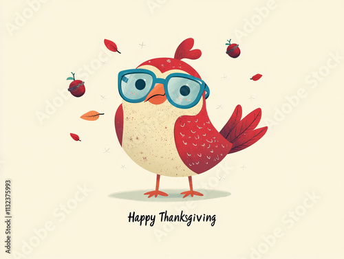 Whimsical Thanksgiving Turkey Blue Glasses Red Acorn Playful Holiday Illustration Happy Thanksgiving Text Cute Digital Art Festive Card Merchandise cap green bow tie clipart card greeting invitation photo