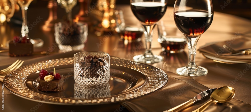Fototapeta premium Gourmet Dining Experience with Mocha Mousse and Crystal Elegance for Luxury Events