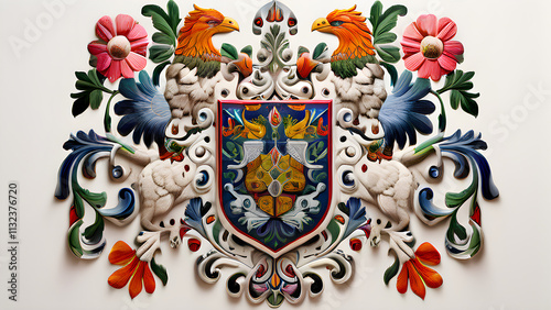 An Otomi-inspired coat of arms, where the traditional animals and plants are depicted in intricate embroidery, surrounding a central, symbolic shield