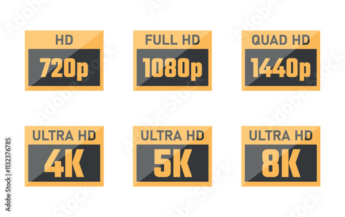 display resolution icons, 4K UHD, 8K, Quad HD, Full HD and HD screen resolution