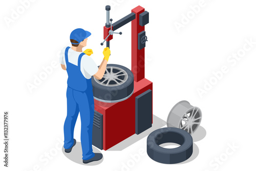 Isometric, Mechanic at a garage workshop. Wheel and tire installation services. Transportation solutions, tire maintenance, and computerized balancing equipment.