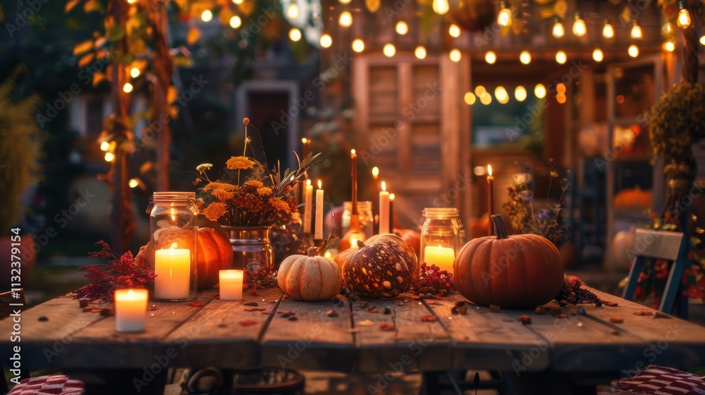 Fototapeta premium Autumn Festival Scene with Mocha Mousse Decorations and Candlelit Wooden Table Display