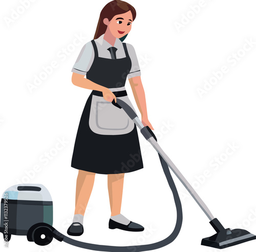 Hotel maid vacuuming and speaking on the phone simultaneously