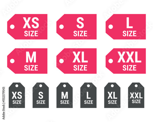 Clothing size icon set, XS, S, M, L, XL, XXL tags