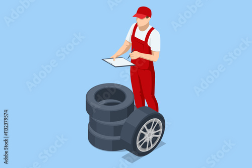 Isometric, Mechanic at a garage workshop. Wheel and tire installation services. Transportation solutions, tire maintenance, and computerized balancing equipment.