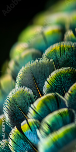 Very beautiful bird feather close-up, peacock feather, nature, animal, close-up, outdoor, commercial, bionic, advertisement, poster, wallpaper, background, teal, bird, vertical