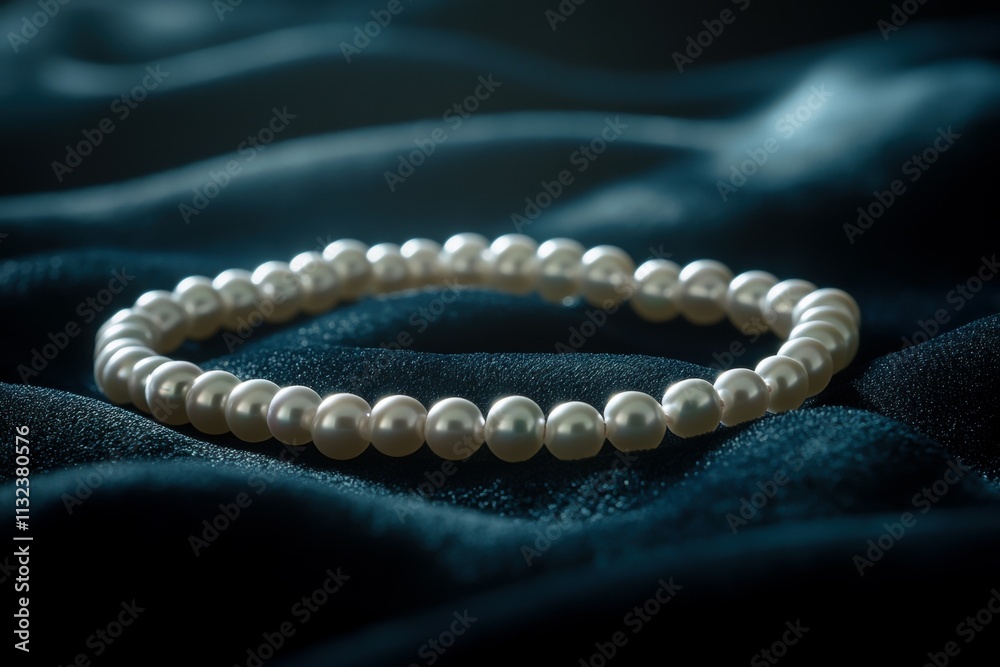 A delicate pearl bracelet elegantly displayed on a textured dark fabric, showcasing the luster and beauty of the pearls A delicate pearl bracelet elegantly displayed on a textured dark fabric, showcasing the luster and beauty of the pearls