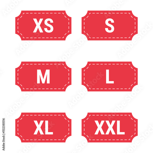 Clothing size icon set, XS, S, M, L, XL, XXL tags