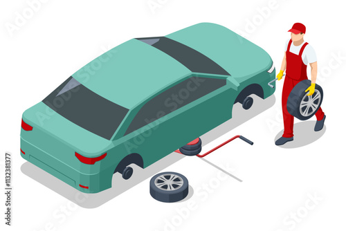 Isometric, Mechanic at a garage workshop. Wheel and tire installation services. Transportation solutions, tire maintenance, and computerized balancing equipment.