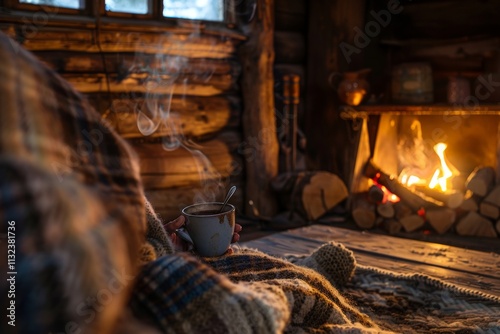 Cozy cabin scene with a person wrapped in a blanket by a fireplace, enjoying a warm drink.