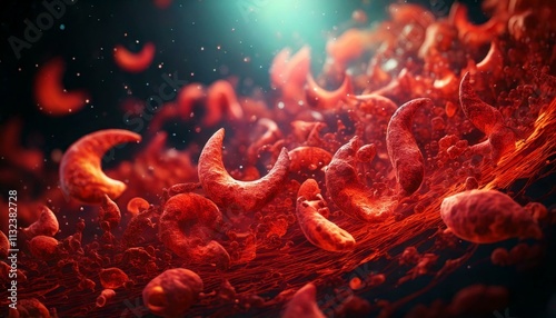 3D Illustration of Microscopic View of Sickle Cells in Bloodstream - Medical illustration