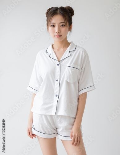 beautiful asian girl standing straight wearing plain  white pajamas . ai generate
