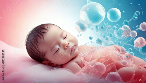 3D Illustration of Sleeping Newborn Baby with Umbilical Cord Blood Hematopoietic Stem Cells. Medical Illustration. 