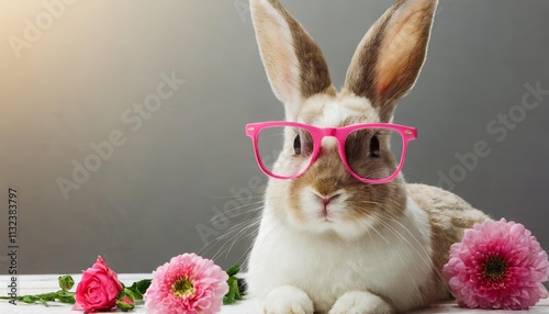 Portrait de lapin de Pques avec des lunettes roses Une uvre dart gnre par IA, capturant la magie et la joie de Pques travers un adorable lapin stylis au look unique et color. photo