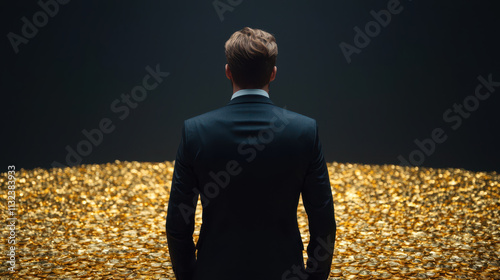 business executive standing in front of golden portfolio, contemplating success and wealth. scene conveys ambition and determination in luxurious setting