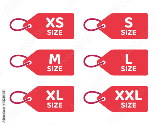 Clothing size icon set, XS, S, M, L, XL, XXL tags