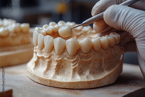 Filling dental impression mold with artificial tooth material photo