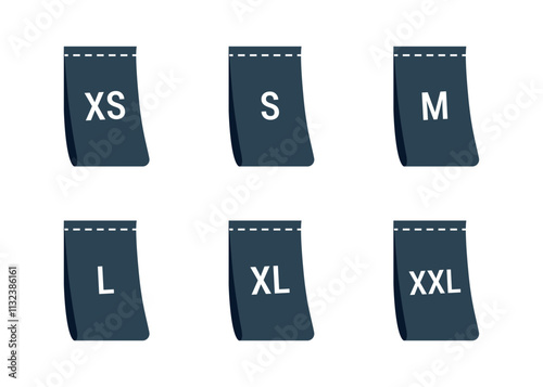 Clothing size icon set, XS, S, M, L, XL, XXL tags