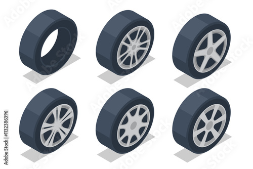 Isometric car wheels. Wheel and tire installation services. Transportation solutions, tire maintenance, and computerized balancing equipment.