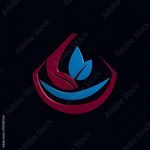 Abstract Logo Design with a Nature Theme: A modern, stylized logo featuring a blue leaf and a red crescent, symbolizing growth, nature, and harmony. photo