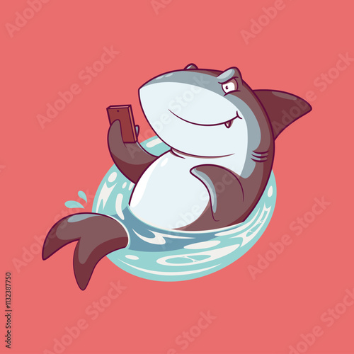 A Shark Character is holding a smartphone vector illustration. Mascot, technology design concept.