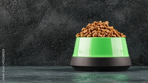 Pet Food Bowl Filled with Kibble on Dark Textured Background photo