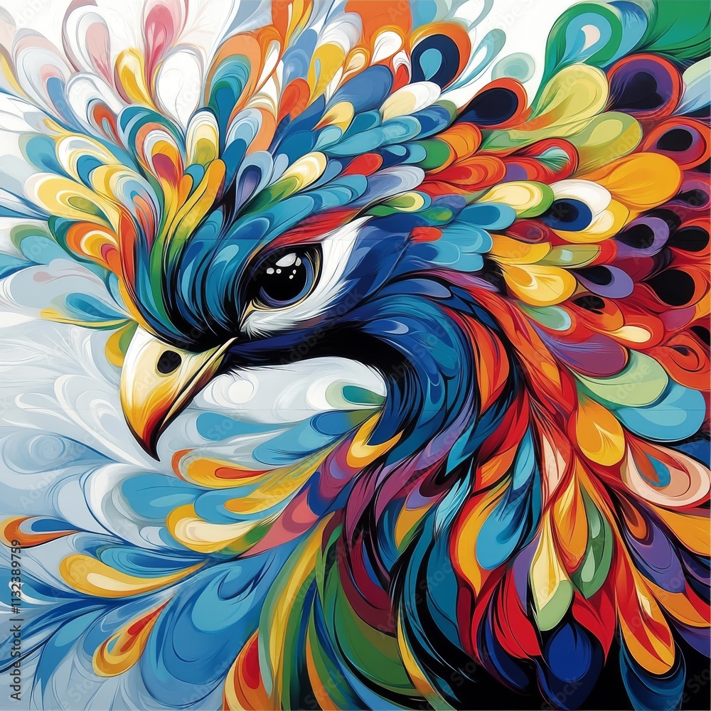 Obraz premium A colorful peacock with vibrant, swirling feathers, showcasing a magnificent display of hues and artistic flair.