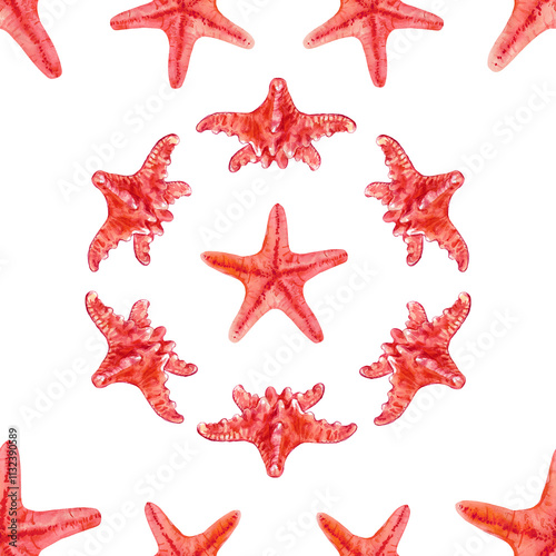 Pattern of starfish in a circle creatures underwater world in watercolor. Asterias Rubens in reddish with a central disk and five arms. The common Starfish, common Sea Star or Sugar Starfish is drawn