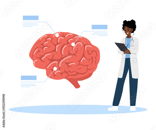 Neurosurgeon concept. African Female doctor study brain diseases. Neurological therapy. Neurology or Neuroscience. Vector illustration in flat cartoon style.