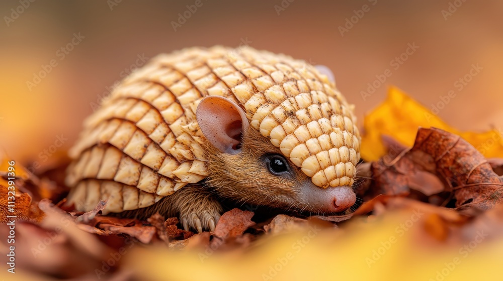 Obraz premium Armadillo resting among autumn leaves in a natural setting
