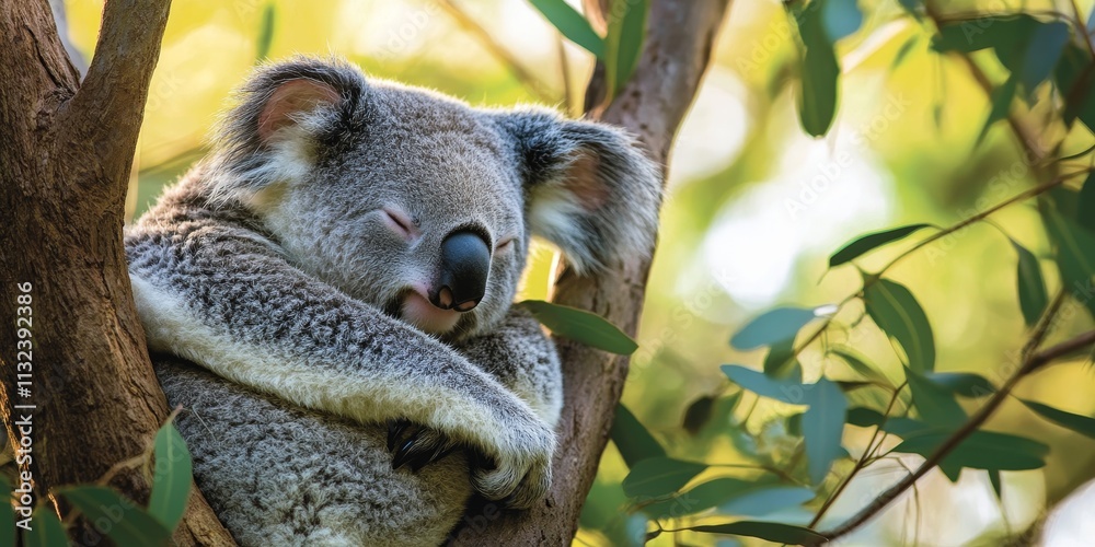 Fototapeta premium Koala resting peacefully high in the tree, showcasing the serene beauty of the koala in its natural habitat. This image captures the essence of a koala enjoying a tranquil moment aloft.