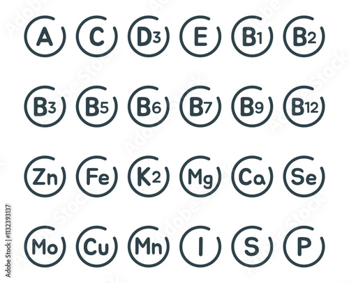 vitamin and mineral complex for human health icons set, micro and macro elements