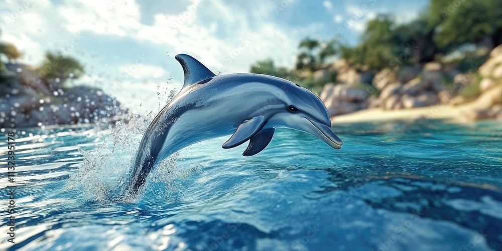 Fototapeta premium Dolphin leaps gracefully, catching a small hoop before diving back into the water, showcasing the playful nature of the dolphin in its aquatic environment. Experience the excitement of the dolphin s