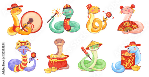 2025 lunar year cartoon snake characters with Chinese holiday decorations, vector personages. Funny snakes in traditional costumes with drums and golden ingots for 2025 Chinese New Year calendar