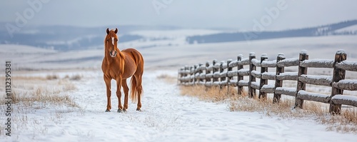 Wallpaper Mural Lone chestnut horse in snowy field near wooden fence Torontodigital.ca