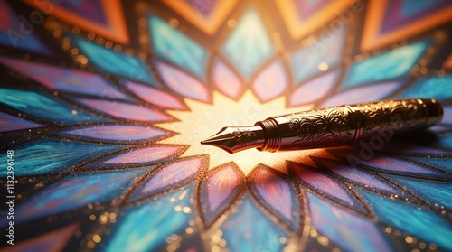 Golden pen rests on vibrant mandala, a scene of artistic inspiration and creative potential.  Write your story! photo