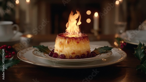 Flamb?ed Christmas Pudding Dessert With Cranberries photo