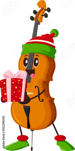 Cartoon cello or double bass character in festive hat holds decorated Christmas gift exudes winter holiday spirit. Isolated vector cheerful and charming musical instrument personage with a present box