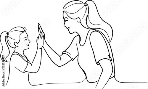 Mother high-fiving with her little daughter in continuous line art drawing style