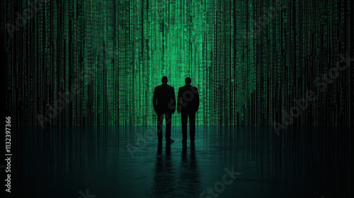 image depicts two silhouetted figures standing in front of green digital matrix, evoking sense of mystery and technology