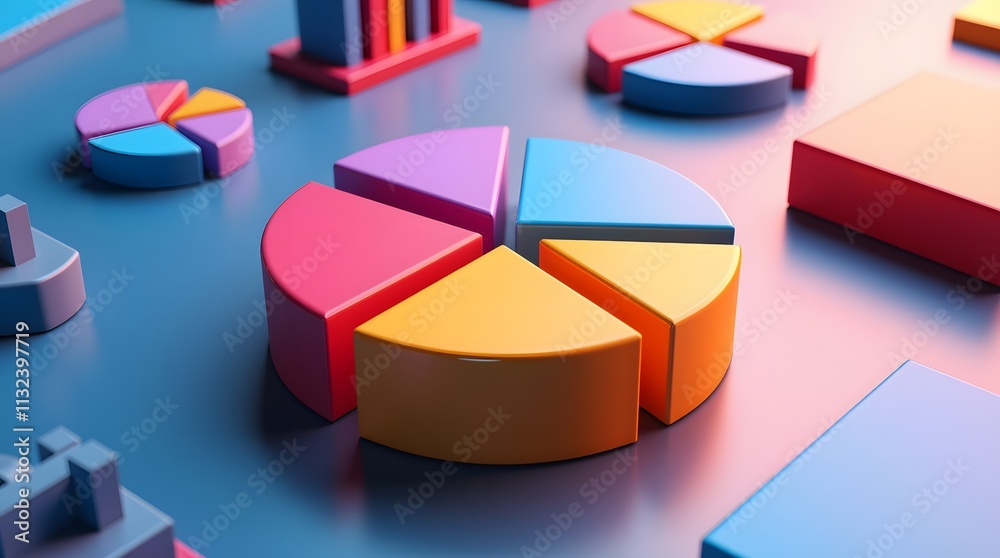 Fototapeta premium Vibrant 3D pie charts and bar graphs illustrate data; colorful, modern business analytics.