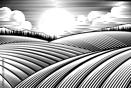 A rolling hills rural landscape drawing in a vintage woodcut style